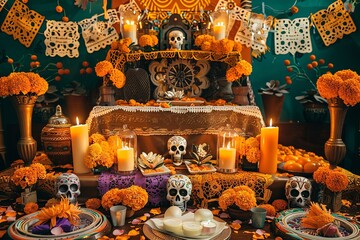 Captivating Dia de los Muertos altar vibrant with tradition and spirit. A mesmerizing tribute.
