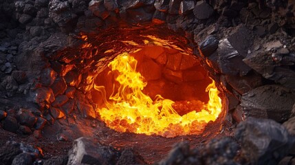 A fiery furnace glowing orange with intense heat as it turns ores into liquid metal.