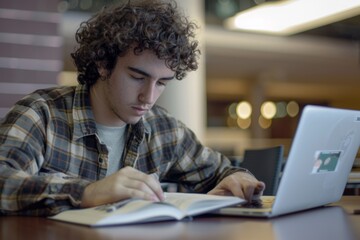 Male student learning at high school library. Study hard in the library