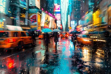 Photograph of a New York City street scene through a window, raindrops on the glass, reflections of people walking with umbrellas and cars moving in the style of, colorful abstract art, multiple expos