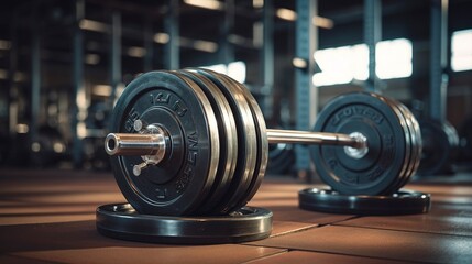 Fototapeta premium A photo of a stack of barbells in a gym.