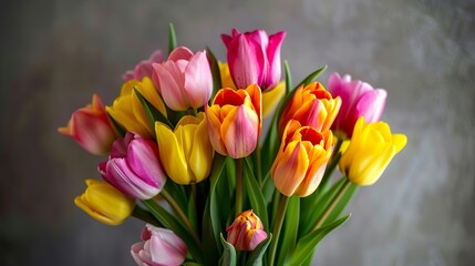 Naklejka premium A bouquet of tulips in various shades of pink, yellow, and orange, arranged in a vase.