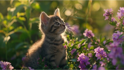  a small grey tabby kitten amidst vibrant purple flowers