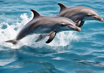 Beautiful bottlenose dolphins leaping from the clear blue sea on a sunny day.