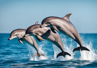 Beautiful bottlenose dolphins leaping from the clear blue sea on a sunny day.