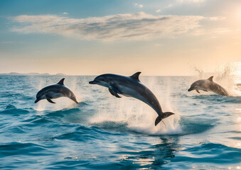 Fototapeta premium Beautiful bottlenose dolphins leaping from the clear blue sea on a sunny day.