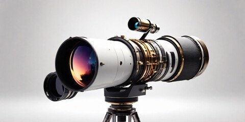  A telescope peering into the cosmos, set against a white gradient background