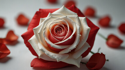 Exquisitely blooming rose The petals are bright red. Shining brightly against a pure white background.