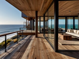 Contemporary beach house with a deck and panoramic ocean views, generative AI