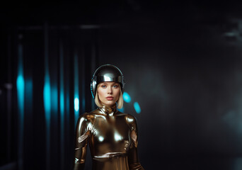 Fototapeta premium Futuristic humans and AI coexistence.