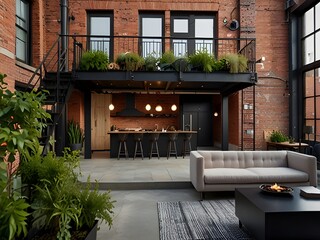 Urban loft with an industrial exterior and rooftop garden, generative AI