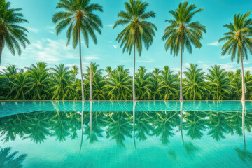 Fototapeta premium Reflection of coconut trees and sugar palm tree in turquoise color swimming pool