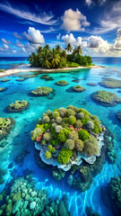 a coral atoll with hues of blue revealing marine