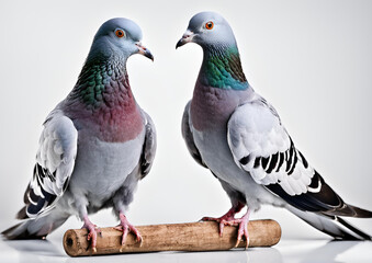 Two blue bar-homing pigeons are isolated on a white background.