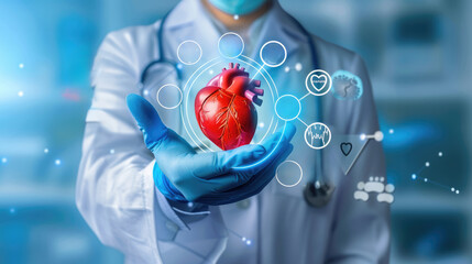 the future of cardiology, with a doctor holding a 3D printed heart in their hand. 