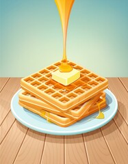 waffles on a plate with butter and syrup on top and dripping from the side; breakfast concept