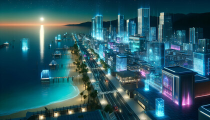 Obraz premium Futuristic Coastal Town with Holographic Ads, Neon Lights, Smart Buildings, Serene Ocean View – Night Scene, 4K AI Generative