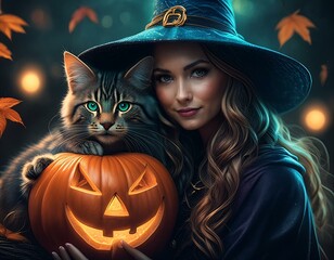 ハロウィンの魔女と猫