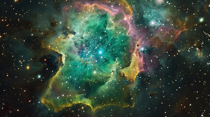 A vivid view of swirling nebula clouds in radiant greens, pinks, and yellows, surrounded by shimmering stars in a distant space galaxy.