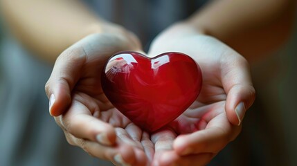 Fototapeta premium A person is holding a red heart in their hands. The heart is smooth and shiny. 