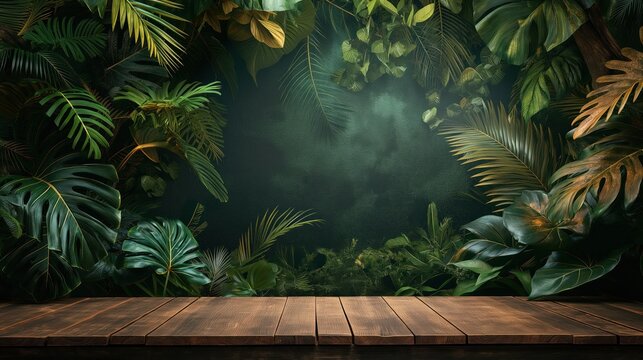 Fototapeta Wooden table with lush jungle leaves backdrop
