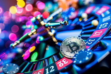 Digital Art Illustrating Bitcoin Investment Volatility with Cryptocurrency Symbols on a Roulette Wheel, Symbolizing Chaotic Nature.