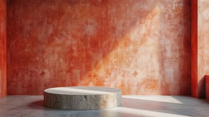Minimalist Red Abstract Wall with Round Stone Pedestal in Modern Art Space