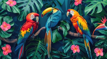 Colorful Parrots Perched Amidst Tropical Leaves and Flowers
