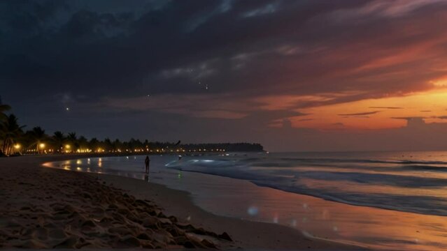 beach at night with an orange sky