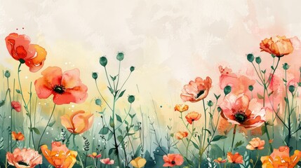 Vibrant Watercolor Poppy Flowers in a Dreamlike Meadow
