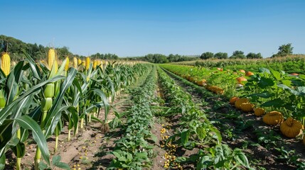 A well-tended vegetable field showcasing neat rows of corn, squash, and beans under a clear blue sky.
