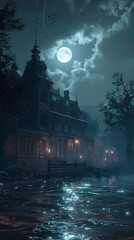 Abandoned Mansion Bathed in Ethereal Moonlight, Hauntingly Beautiful