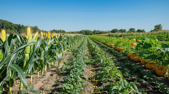 A well-tended vegetable field showcasing neat rows of corn, squash, and beans under a clear blue sky.