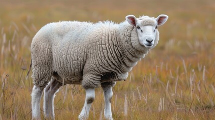 A lone sheep stands in a field of tall grass. 