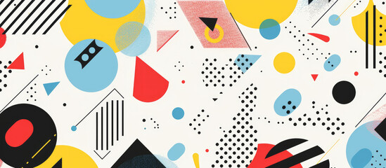 A vibrant and dynamic background illustration with bold geometric shapes, featuring bright colors like reds, yellows, blues, black dots, triangles, circles, and squares in an abstract pattern