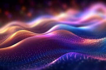 Abstract digital waves with vibrant colors and light dots on a dark background. Futuristic, tech-inspired design. Ideal for AI, innovation, science, and data visualization themes. Purple tones