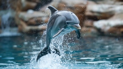 Obraz premium A dolphin jumps out of the water, surrounded by a splash of water droplets.