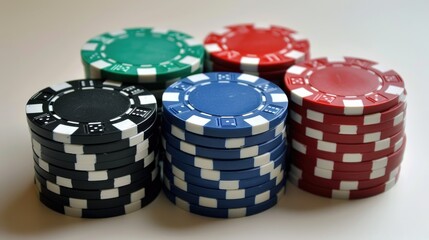 A close-up image of a stack of casino chips in various colors