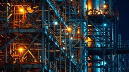 The floodlights reflect off the metal structures and equipment creating a futuristic and almost otherworldly atmosphere at the construction site.