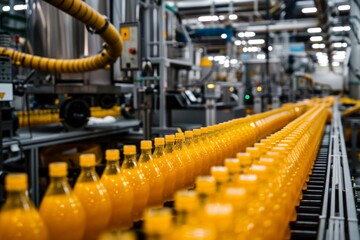 Naklejka premium A high-speed juice production line with yellow bottles filled and ready for packaging