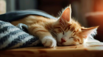 Cute baby cat is sleeping in bed adorable cat sleep in blanket 