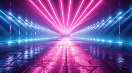 A glowing road in the middle of a dark tunnel. 