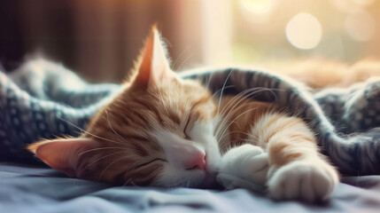 Cute baby cat is sleeping in bed adorable cat sleep