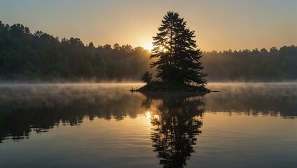 lake in the morning with the sun rising over the trees