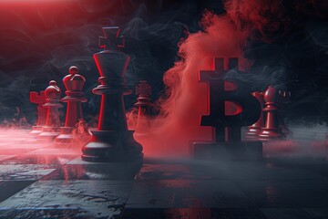Creative Conceptual Photo Depicting Bitcoin Investment as a Chess Game with Cryptocurrency Symbol Pieces, Reflecting Strategy and Contemplation.