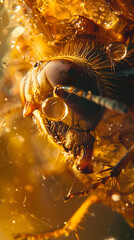 Fototapeta premium Close-Up of an Insect Trapped in Amber, Single Teardrop Falling from its Eye, Symbolizing Longing for Lost Freedom