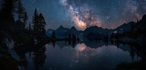 A secluded mountain lake reflecting the starry night sky, surrounded by dark silhouettes of pine trees and distant peaks. 32k, full ultra hd, high resolution - Powered by Adobe