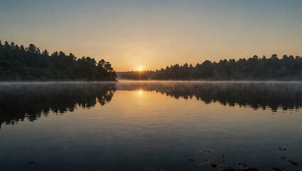 Obraz premium lake in the morning with the sun rising over the trees