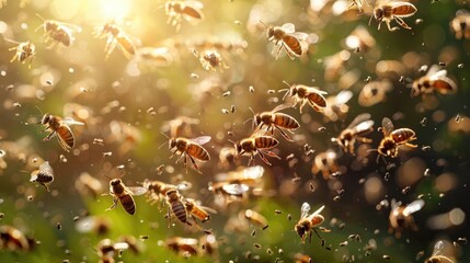 A swarm of bees is a large group of bees that leave a hive together. 
