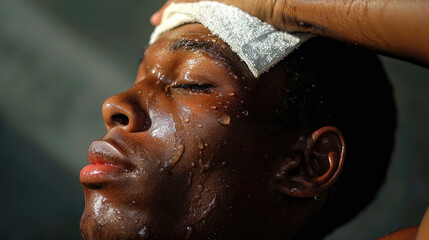 A young male athlete is cooling down after a workout by wiping the sweat from his face with a towel.